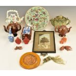 Chinese porcelain and pottery teapots, wine pourers, plate, circular dragon seal, snuff bottles etc,