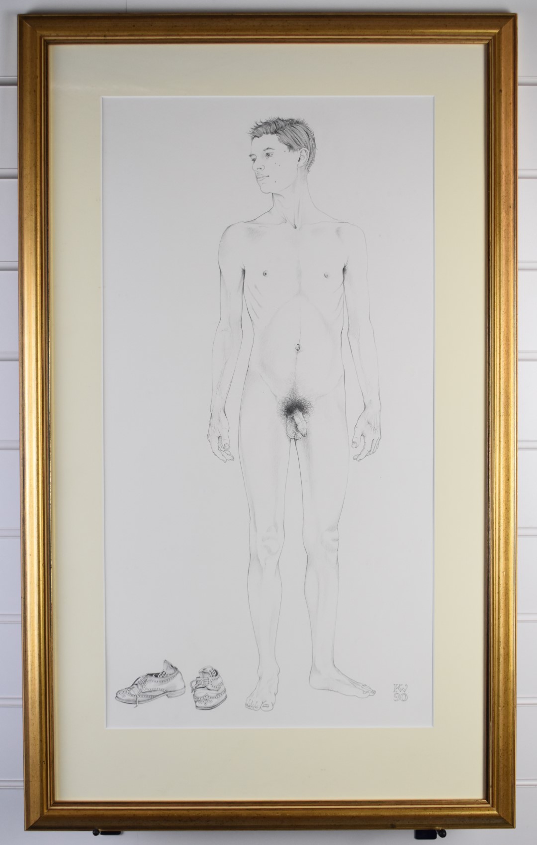 Christopher 'Kit' Williams (born 1946) pencil drawing of a male nude with his shoes beside him on - Image 2 of 4