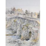 Robert Marley RBA watercolour and pastel 'The Bridge in Winter' likely Tilford near Farnham, Surrey,