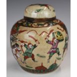 Chinese 19thC/20thC crackle glazed covered ginger jar decorated with fighting scenes and four