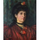 Early 20thC oil on canvas portrait of a lady in flowing red dress, 59 x 49cm, in ornate gilt Art