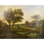 Attributed to Patrick Naysmith (1787-1831) oil on canvas landscape with cottage beside a pond, 34