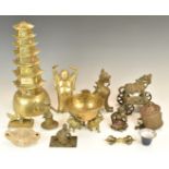 Collection of Chinese, Indian and Tibetan metal ware including brass lantern pagoda, Buddha, figural