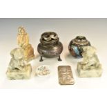 Chinese cloisonné censer, pot pourri, Dogs of Fo, soapstone figures, white metal ingot and a