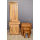 Contemporary solid oak cupboards, one with cubby holes within W39 x D26 x H94cm, the other with