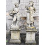 Pair of stone figures on plinths emblematic of Spring and Autumn, height 132cm