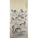 Large Chinese watercolour of frolicking horses, 88 x 42cm