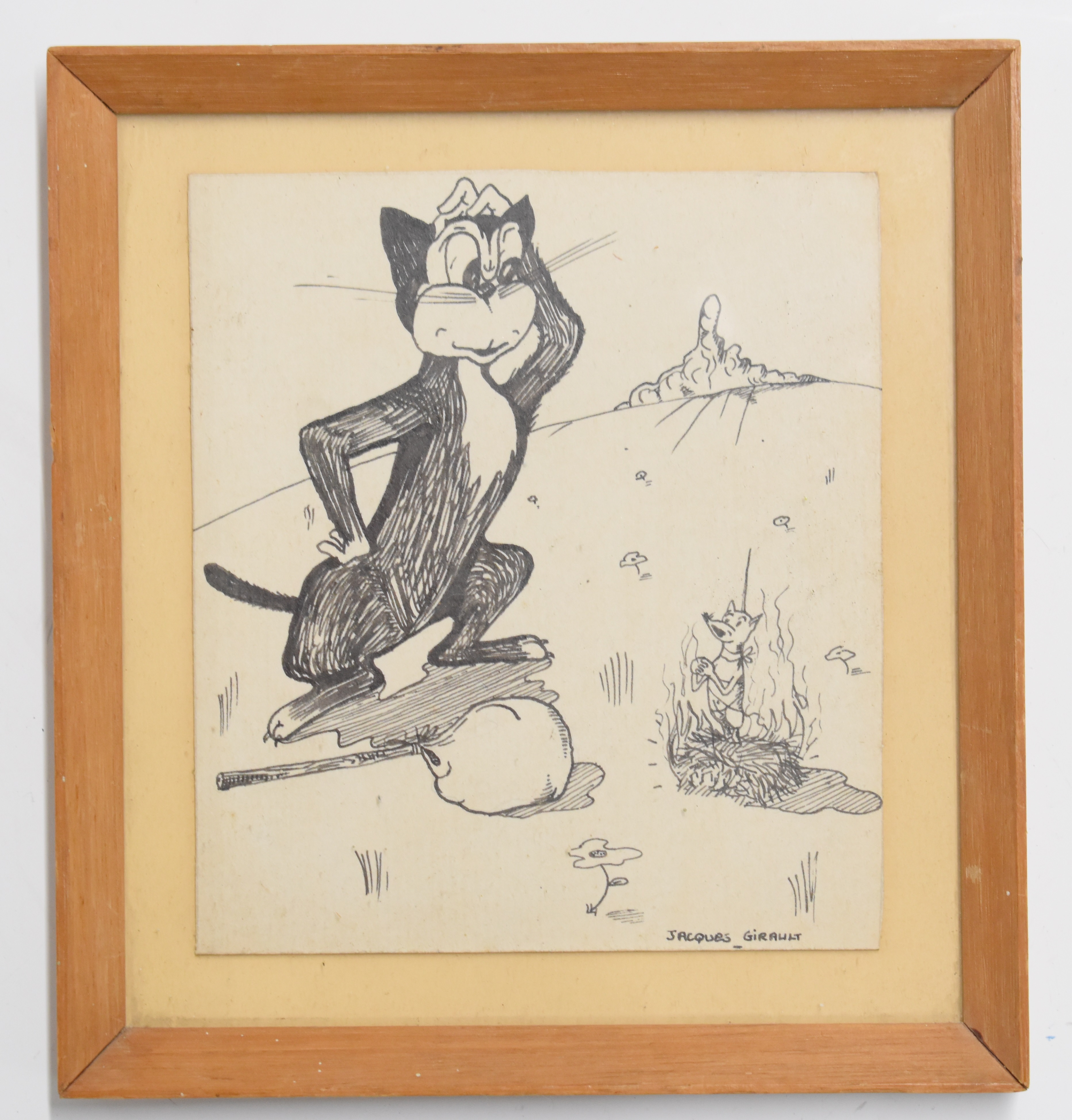 Jacques Girault three pen and ink novelty cat drawings or cartoons, two signed lower right the other - Image 3 of 5