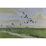 Peter Scott (1909-1989) signed print of geese in flight, 38 x 55cm, in oak frame
