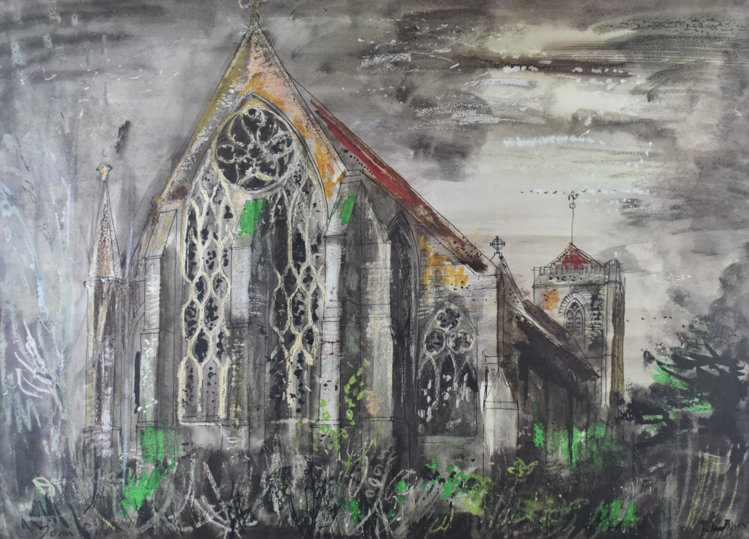 John Piper (1903-1992) print of Dorchester Abbey, in gilt frame, 56 x 77cm