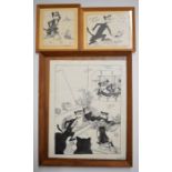 Jacques Girault three pen and ink novelty cat drawings or cartoons, two signed lower right the other