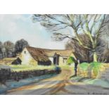 MIchael B Edwards (1939-2009) watercolour landscape with Cotswold stone barn at Little Badminton,