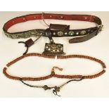 19th/20thC Tibetan / Chinese tailor's belt with white metal mounts set with turquoise / coral, and a