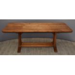 Retro / Arts & Crafts teak refectory dining table and eight upholstered chairs, probably Gordon