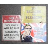 Three metal advertising signs 'No Trespassing violators will be shot survivors will be shot