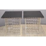 A pair of designer acrylic tables with marble effect tops inset with gold/silver flecks, W60 x D60 x