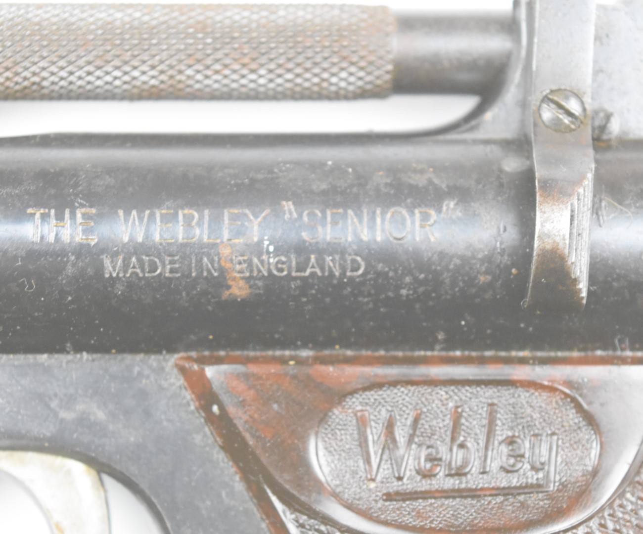 Webley Senior .177 air pistol with named and chequered Bakelite grips and adjustable sights, - Image 8 of 11