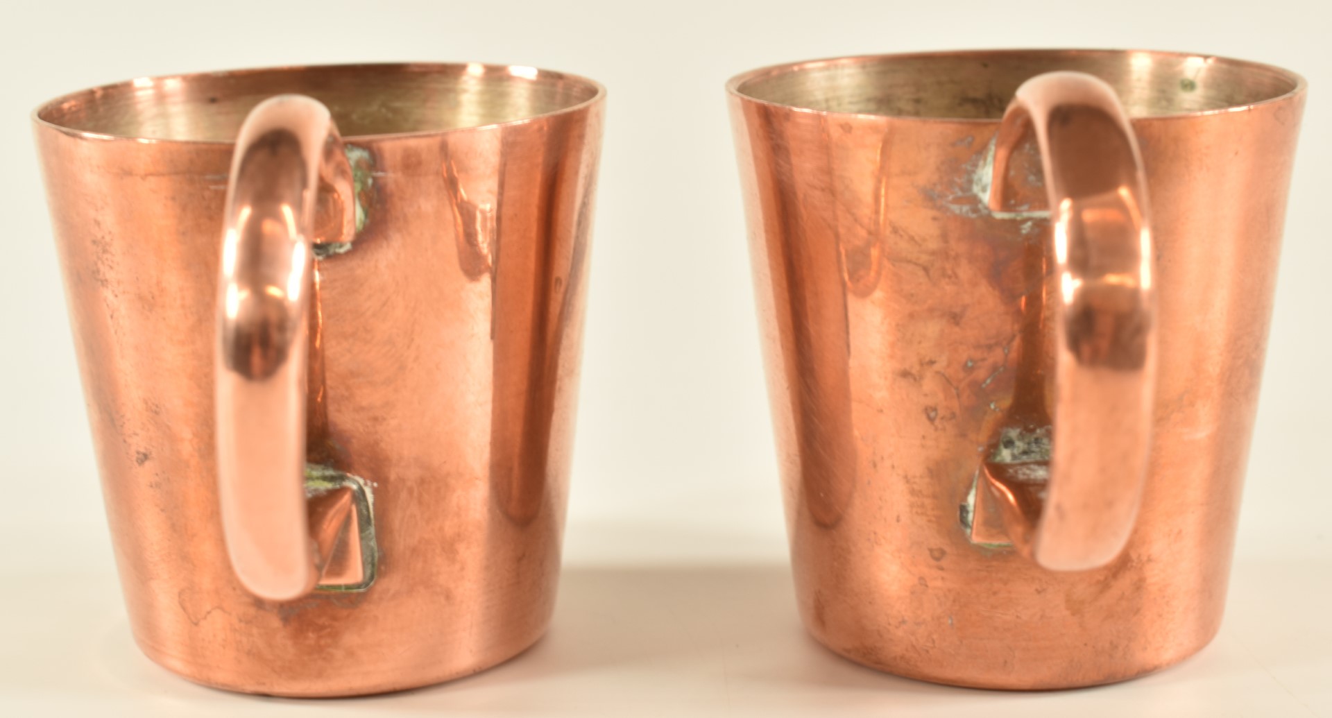 Pair of Royal Navy half gill copper rum measures with crown cipher and broad arrow marks to base - Image 3 of 4