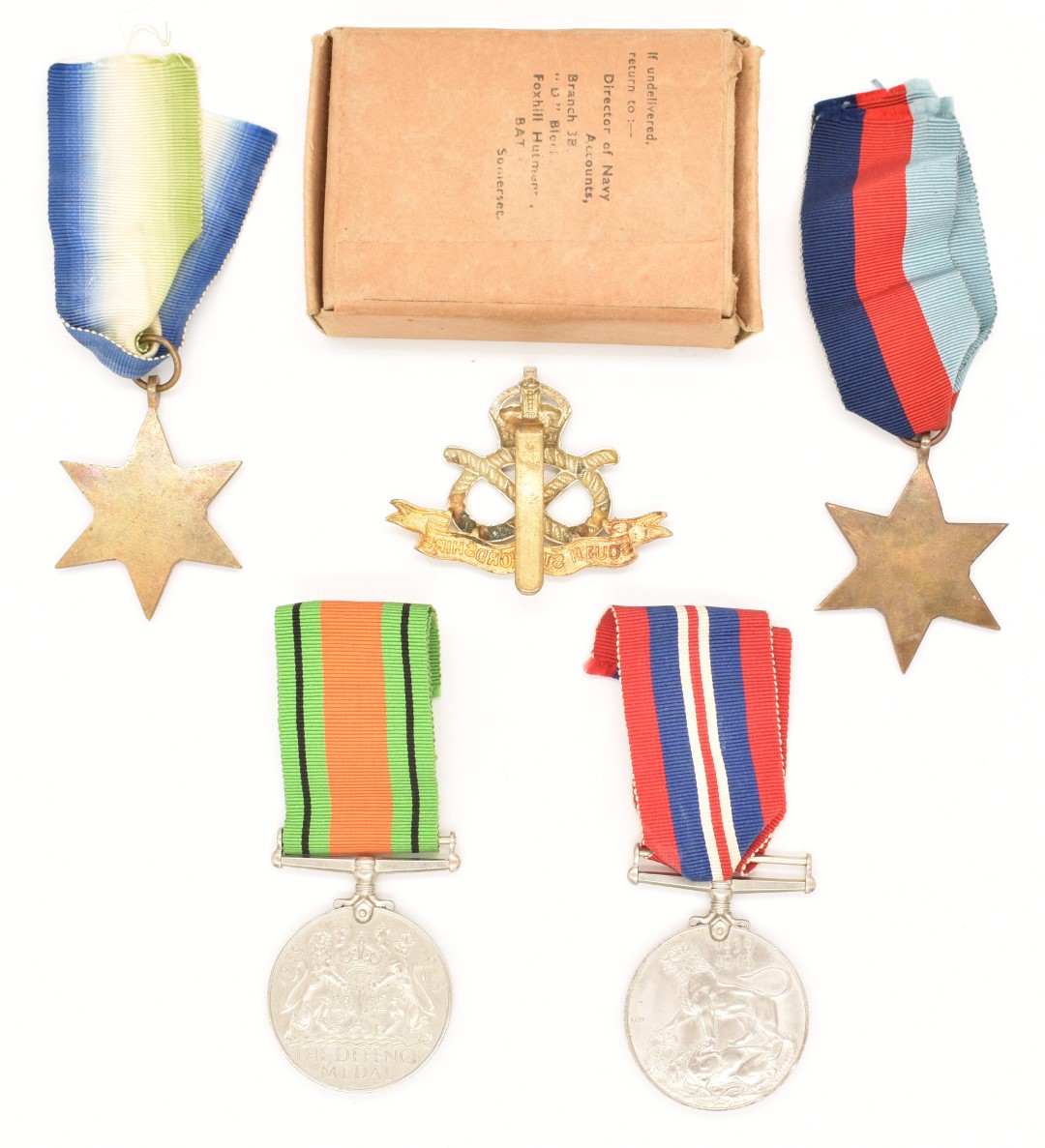 Four WW2 medals comprising 1939-45 Star, Atlantic Star, War and Defence Medals, postal box with - Image 2 of 2