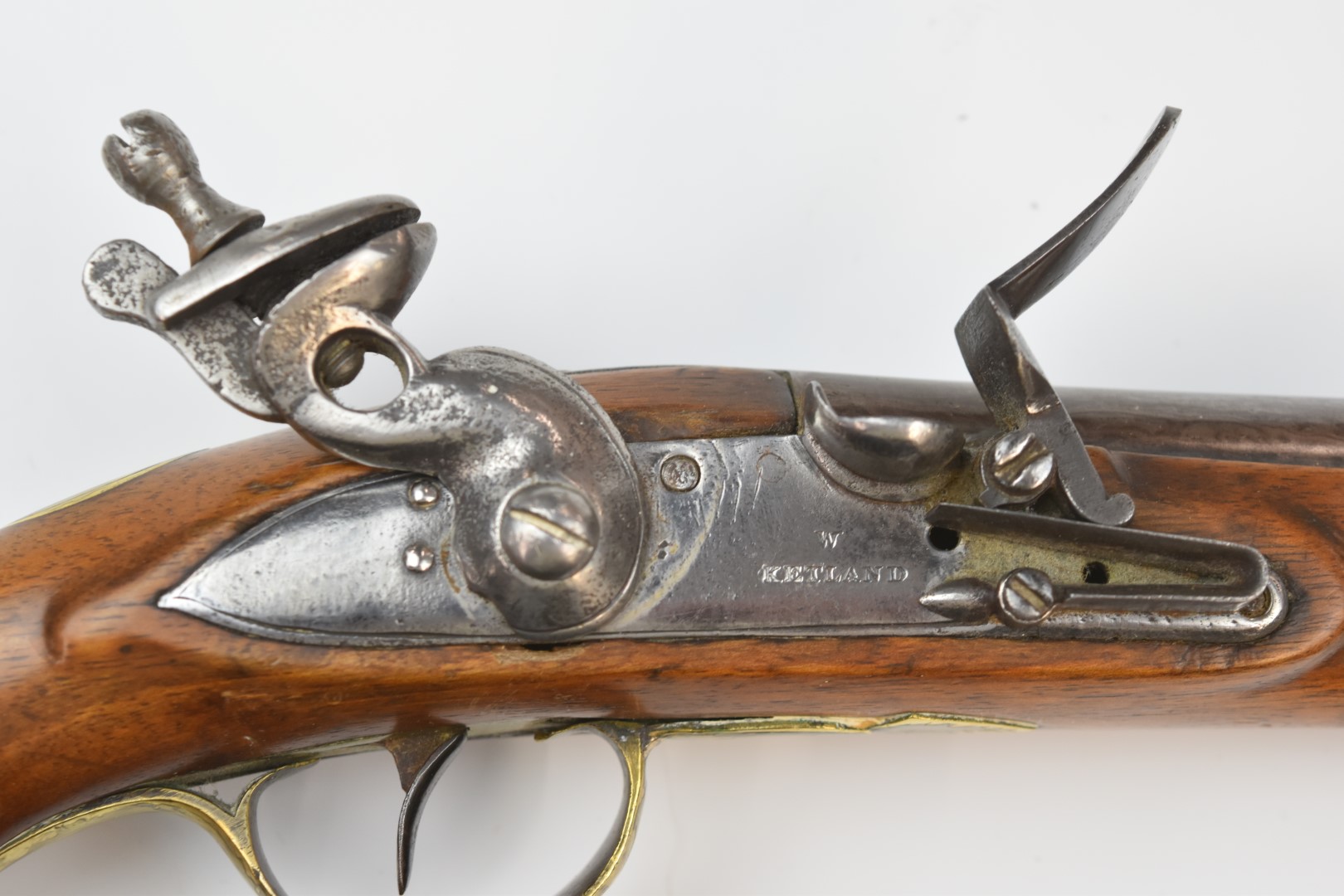 W Ketland & Co flintlock holster pistol with named and line engraved lock, brass trigger guard, butt - Image 3 of 13