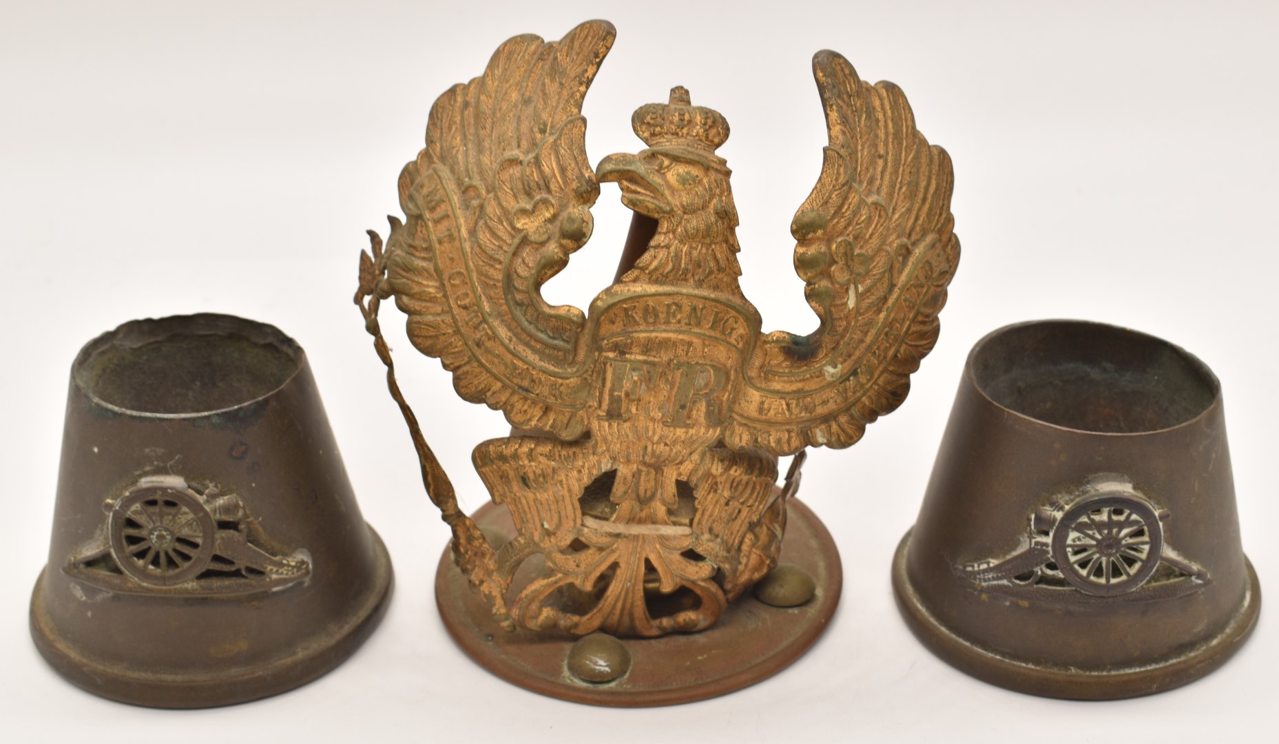 Imperial German WW1 other ranks pickelhaube helmet badge and spike together with a pair of trench