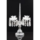 Waterford cut glass candelabra with double lustre and central obelisk finial, 49cm tall.