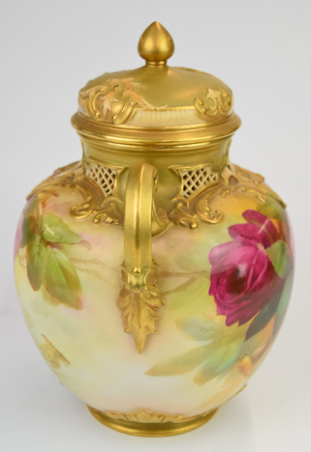 Royal Worcester twin handled covered pedestal pot pourri decorated with roses, signed Sedgley, - Image 5 of 8