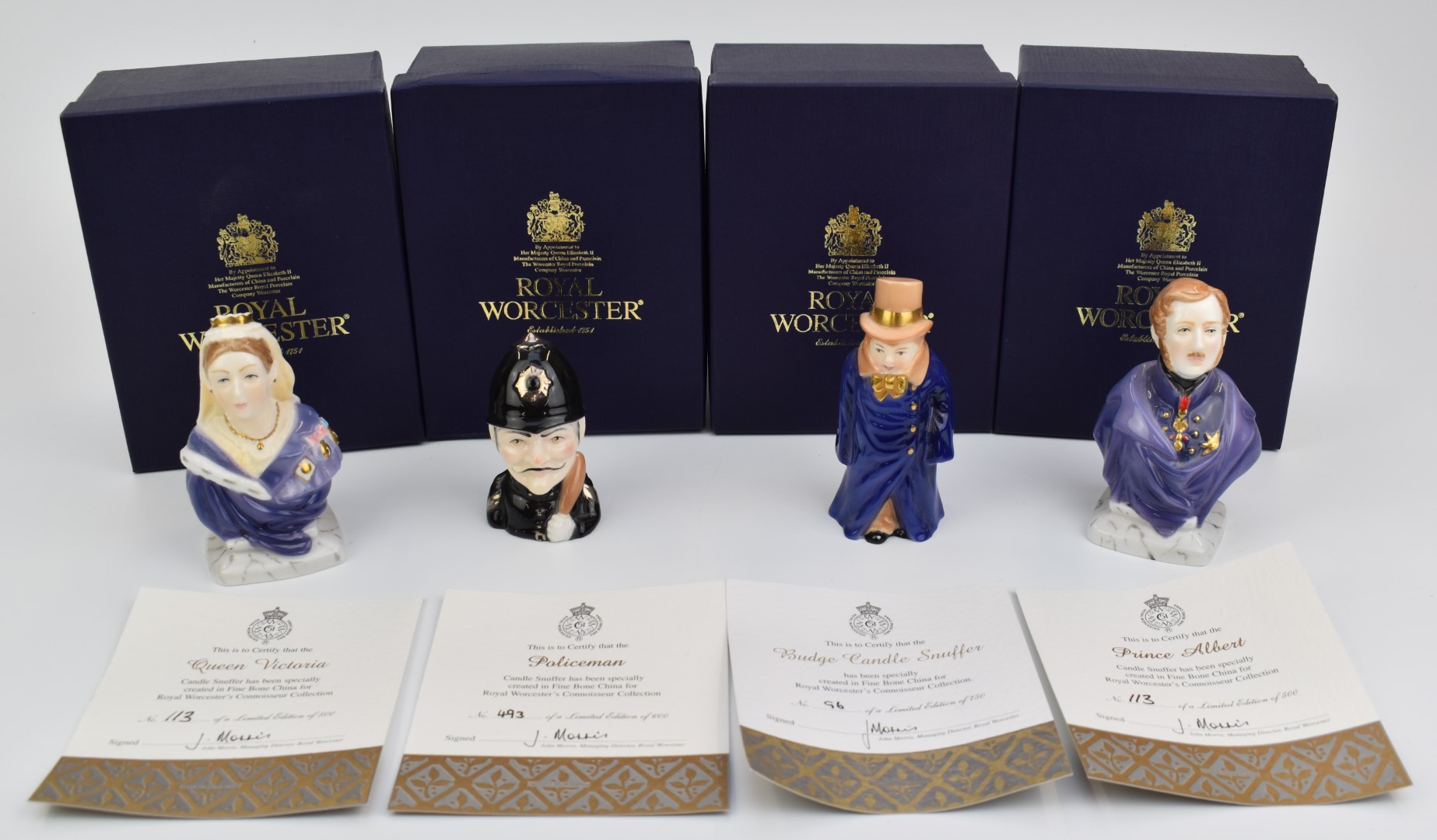 Four limited edition Royal Worcester candle snuffers comprising Budge, policeman, Queen Victoria and