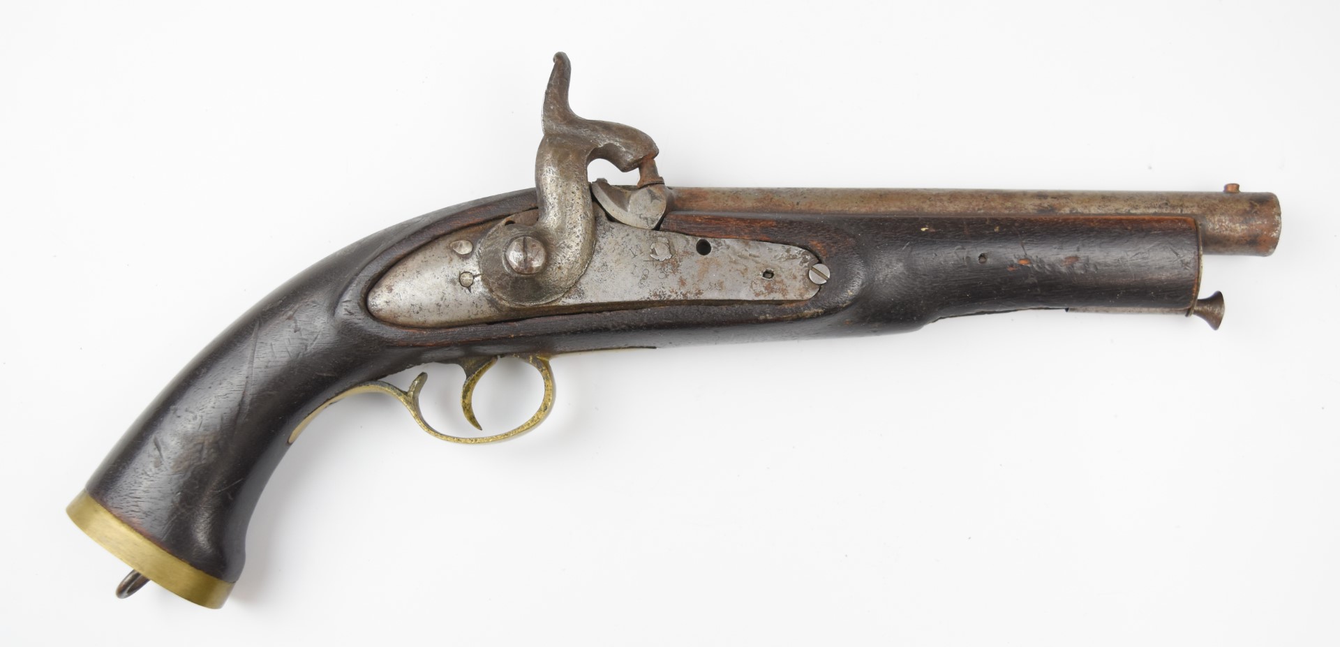 Sea Service type percussion hammer action pistol with Cyrillic text and 1831 to the lock, brass