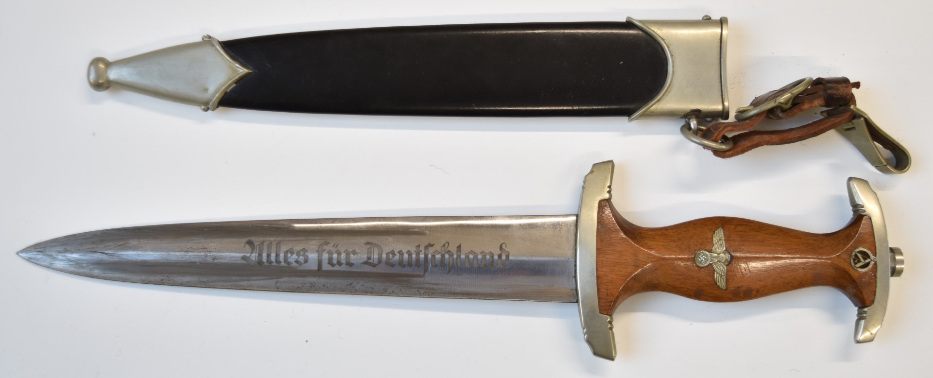 German Third Reich Nazi SA dagger, shaped wooden grip with inset SA roundel and eagle swastika