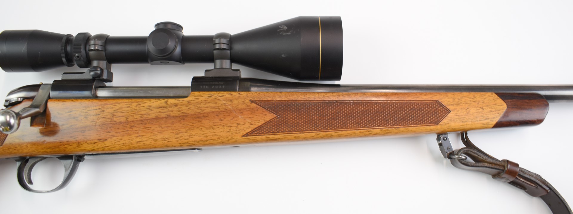 BSA .243 bolt-action rifle with chequered semi-pistol grip and forend, raised cheek-piece, leather - Image 8 of 18