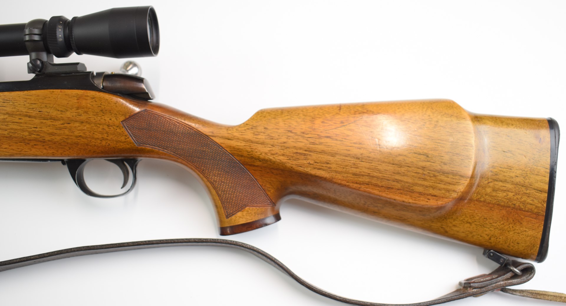 BSA .243 bolt-action rifle with chequered semi-pistol grip and forend, raised cheek-piece, leather - Image 13 of 18