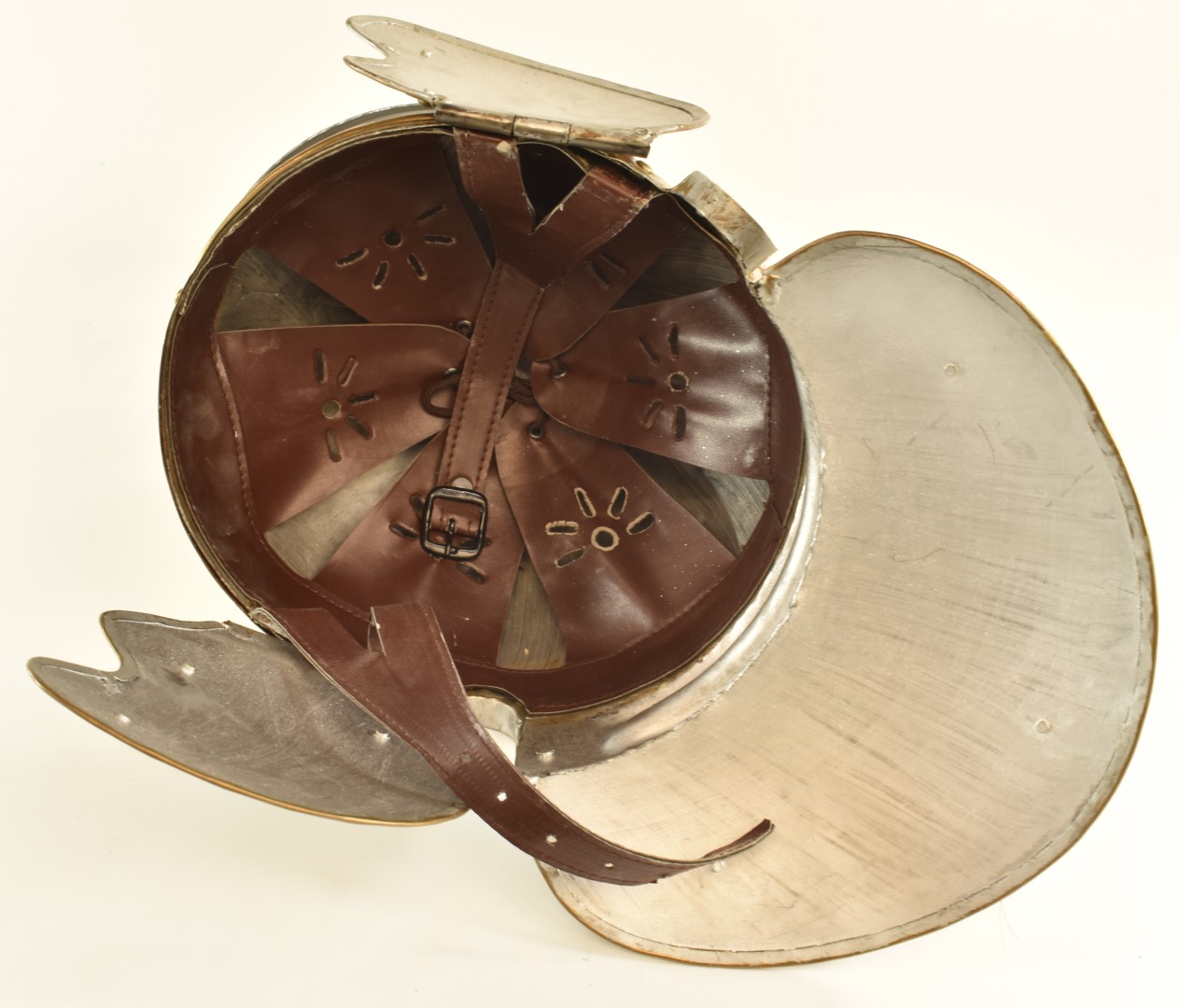 Replica Roman Centurion's steel helmet with red plume, brass edging and rosettes and leather lining. - Image 7 of 7