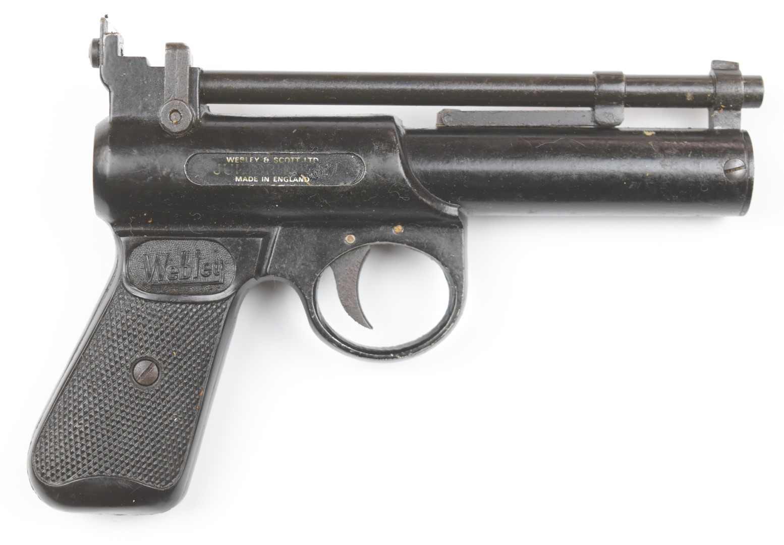 Webley Junior Mk. II .177 air pistol with named and chequered grips and adjustable sights, serial