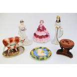 Three Coalport figurines including Cleopatra, Wedgwood terracotta, Staffordshire cow and calf, an