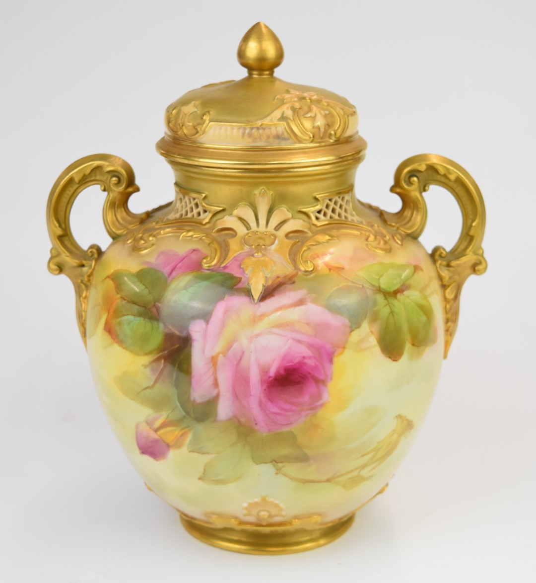 Royal Worcester twin handled covered pedestal pot pourri decorated with roses, signed Sedgley,