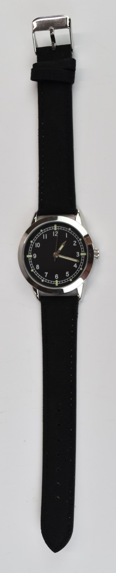 British RAF military style wristwatch with luminous hands and hour markers, white Arabic numerals,