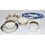 First period Worcester cups and saucers, Swansea shaped shaped dish etc, largest 23cm