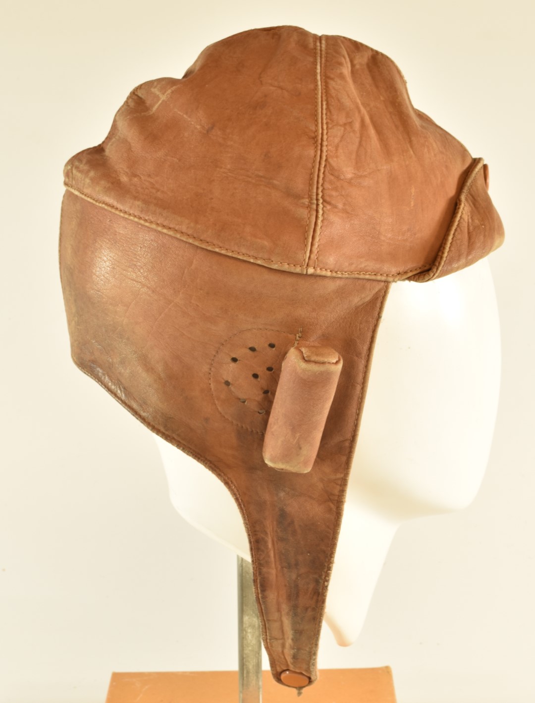 Leather flying helmet, wool lined, with perforated ear sections and protective pads - Image 3 of 6