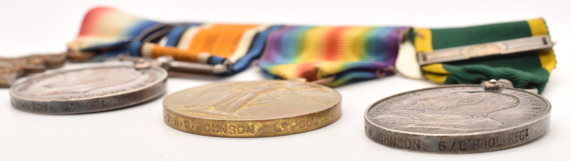 British Army WW1 King's Liverpool Regiment medal group of four comprising 1914/1915 Star, War Medal, - Image 5 of 5