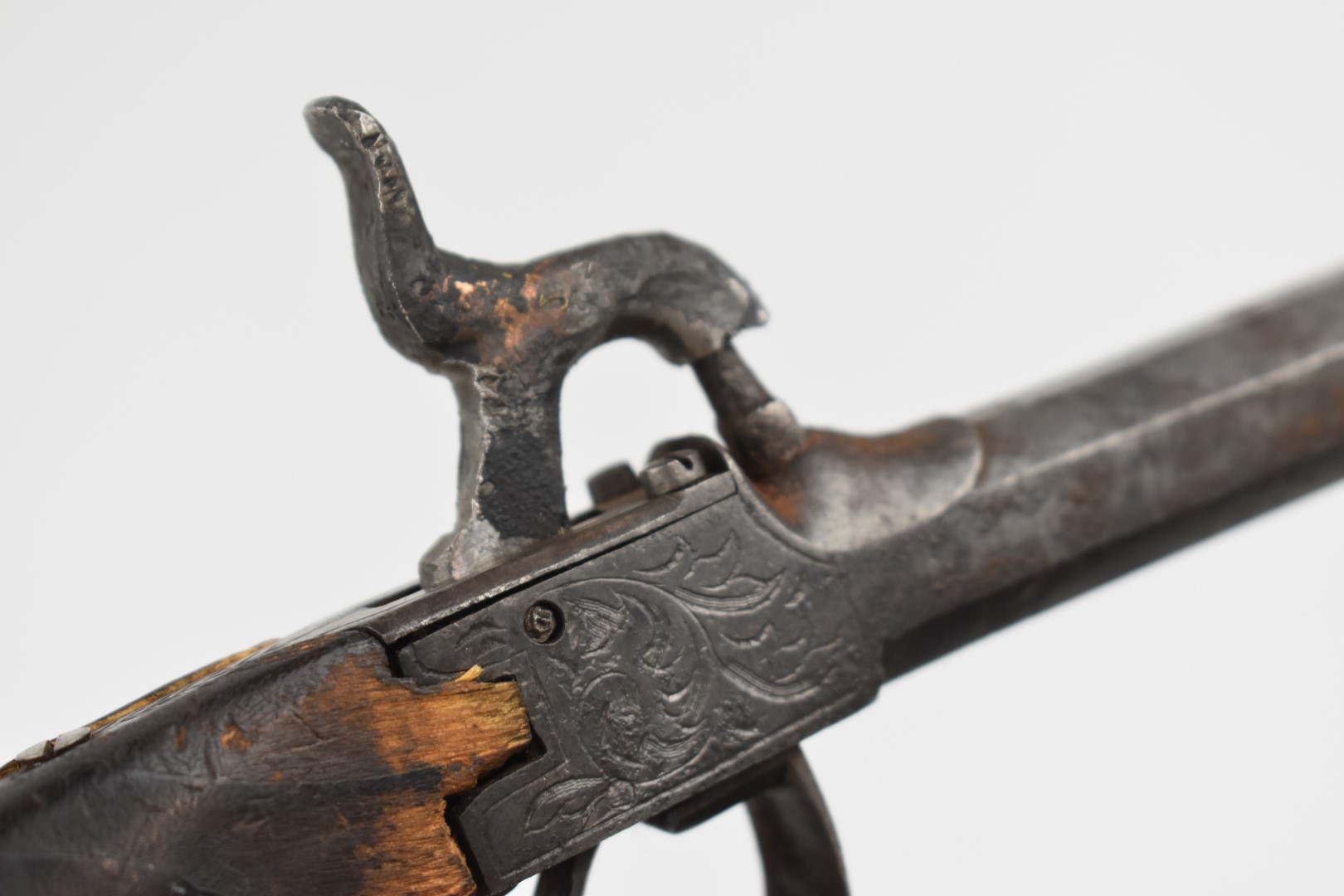 Belgian percussion hammer action pocket pistol with sprung bayonet, trigger guard bayonet release, - Image 7 of 12