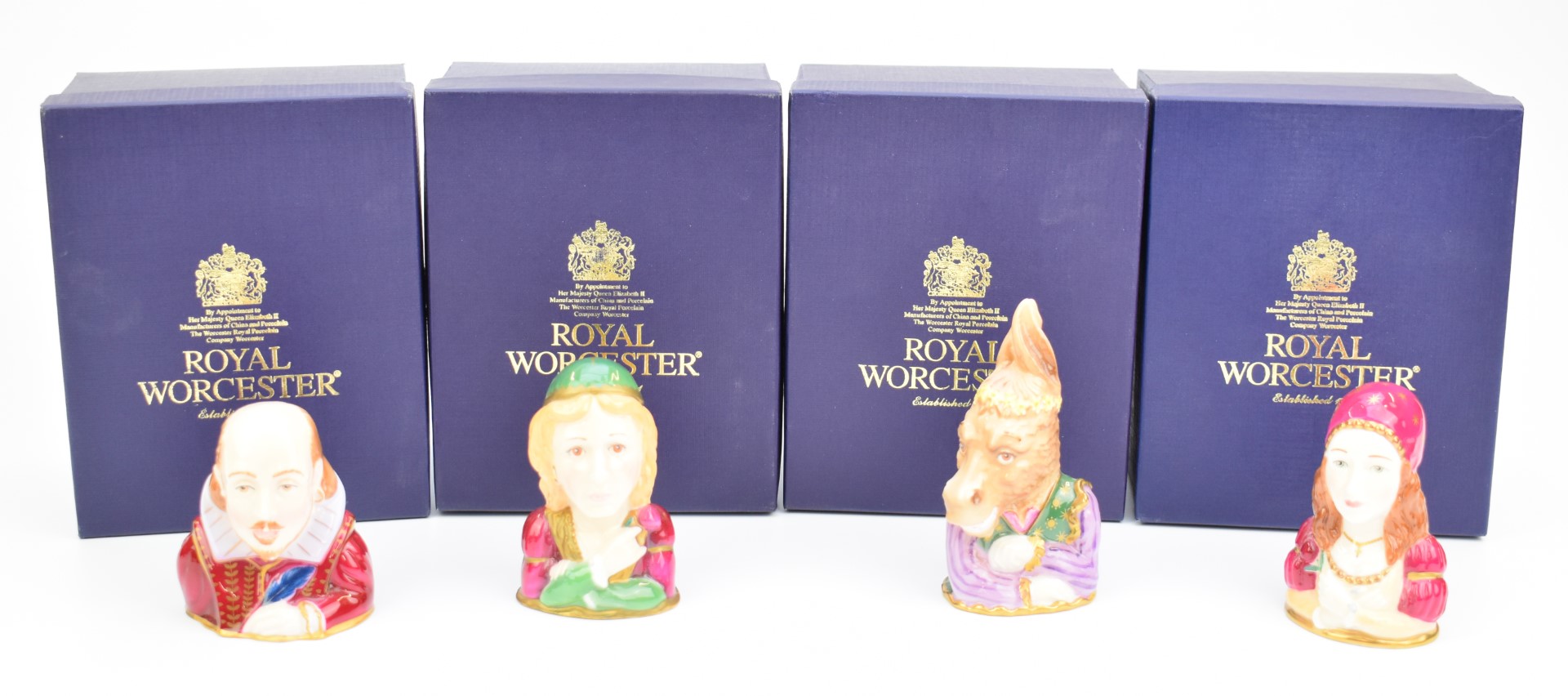 Four Royal Worcester limited edition candle snuffers from the Shakespeare's Characters series