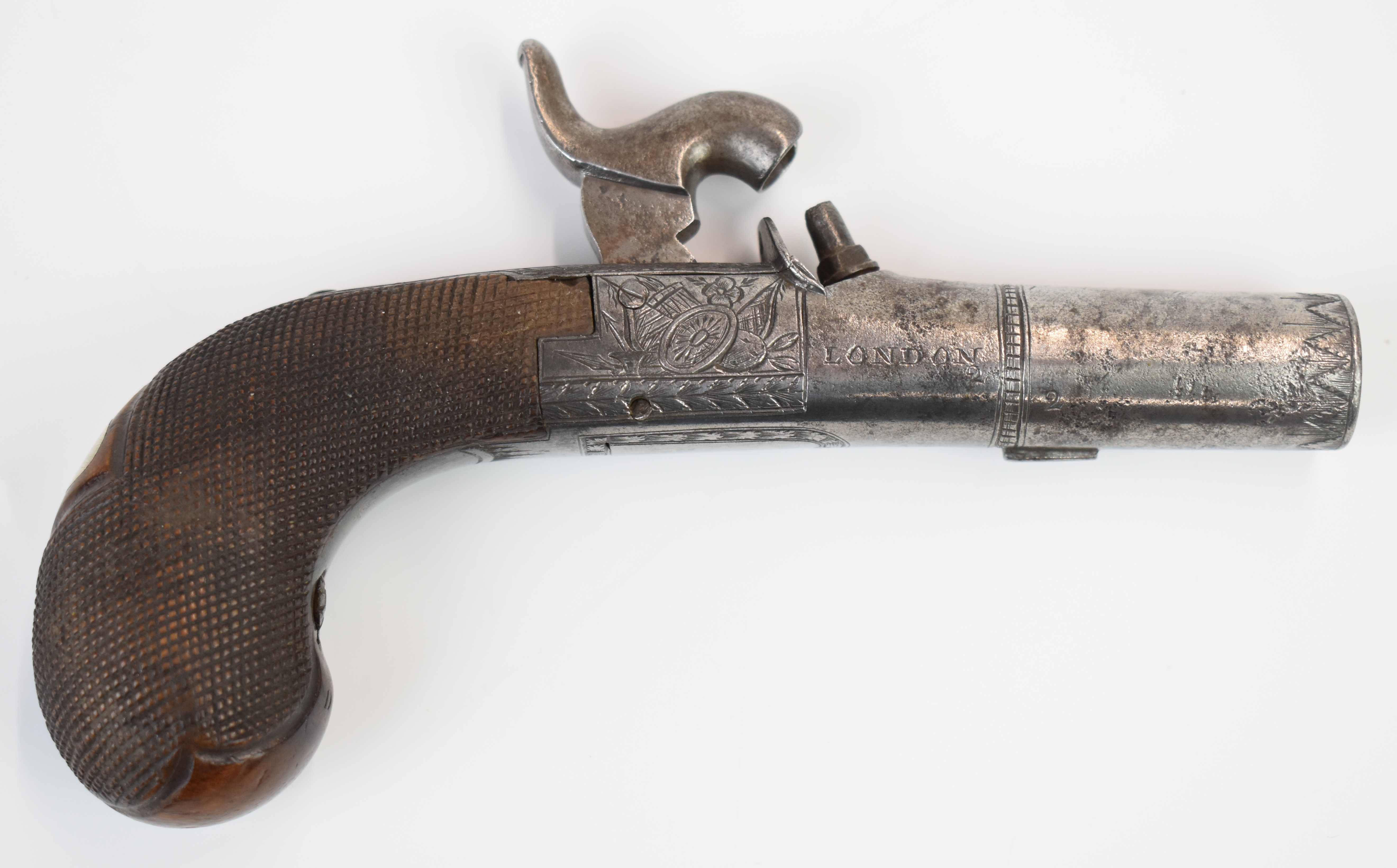 Smith of London retailed Belgian percussion hammer action pocket pistol with named and engraved