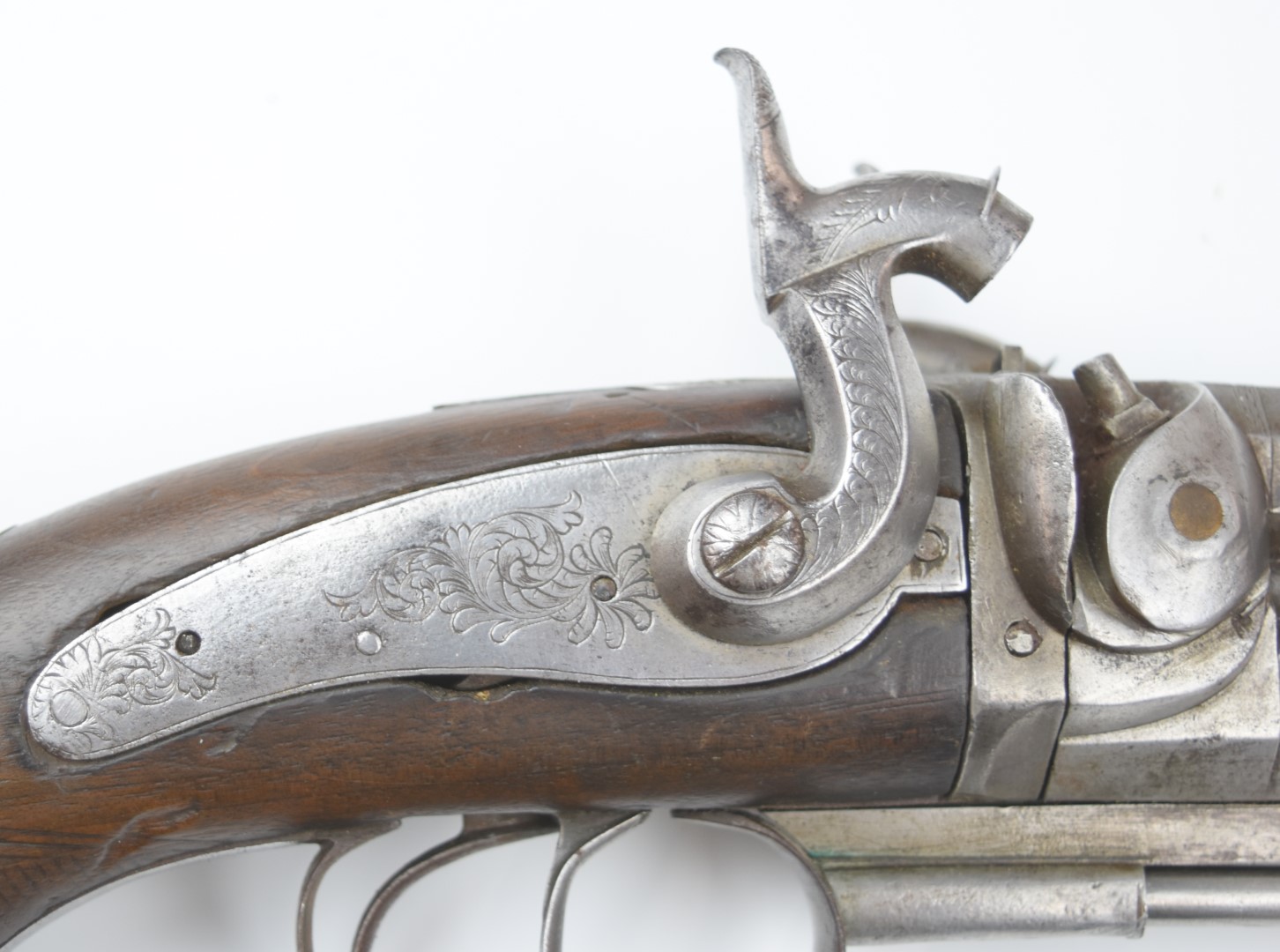 Unnamed 28 bore percussion hammer action double barrelled over and under howdah pistol with engraved - Image 12 of 12