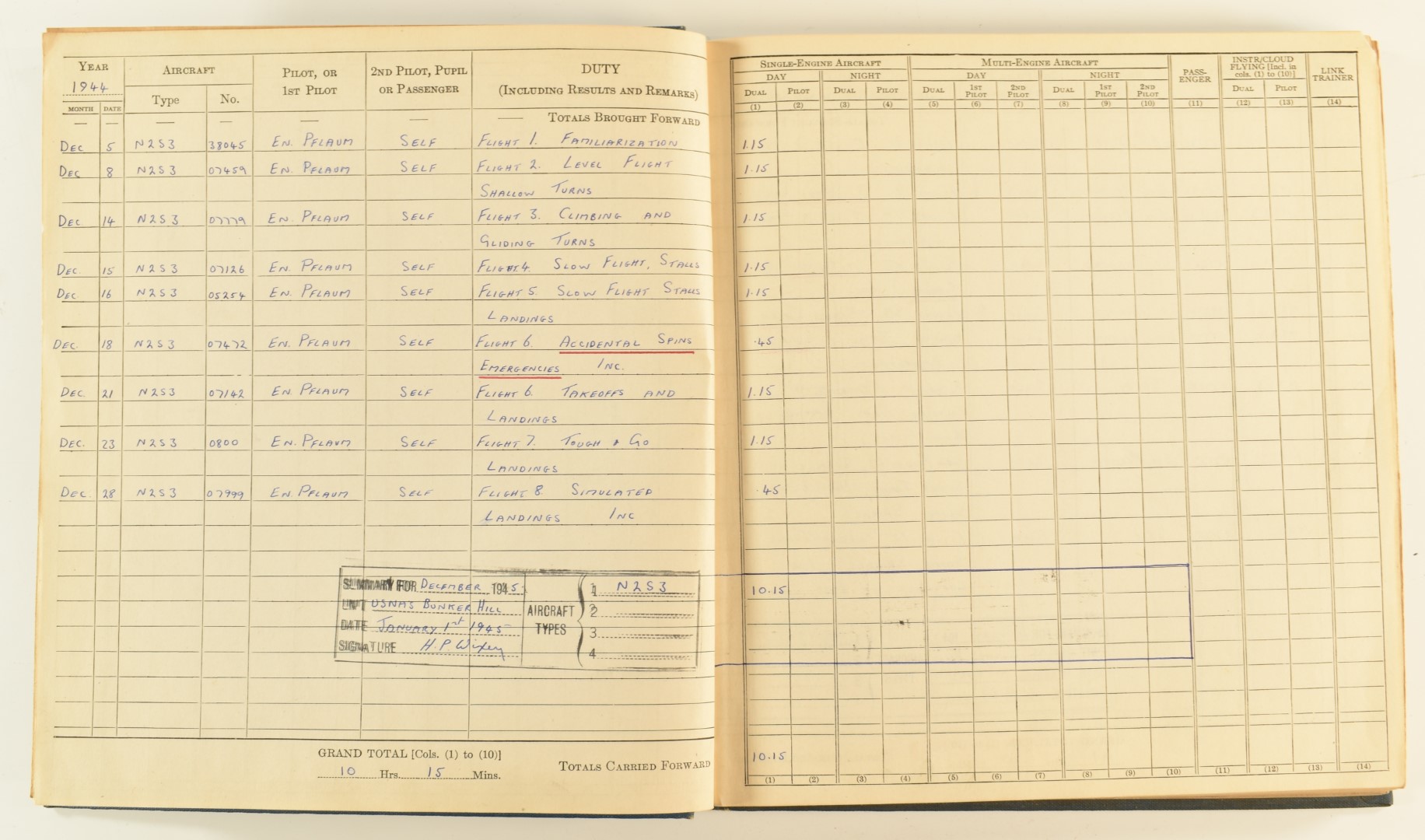 Royal Canadian Air Force WW2 pilot's flying log book for H P Wixey, the first entry dated 5th - Image 8 of 11