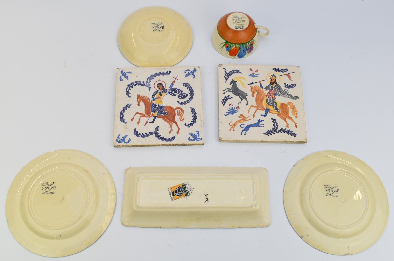 Clarice Cliff for Newport Pottery trio decorated in the Crocus pattern, with additional tea plate, - Image 2 of 8