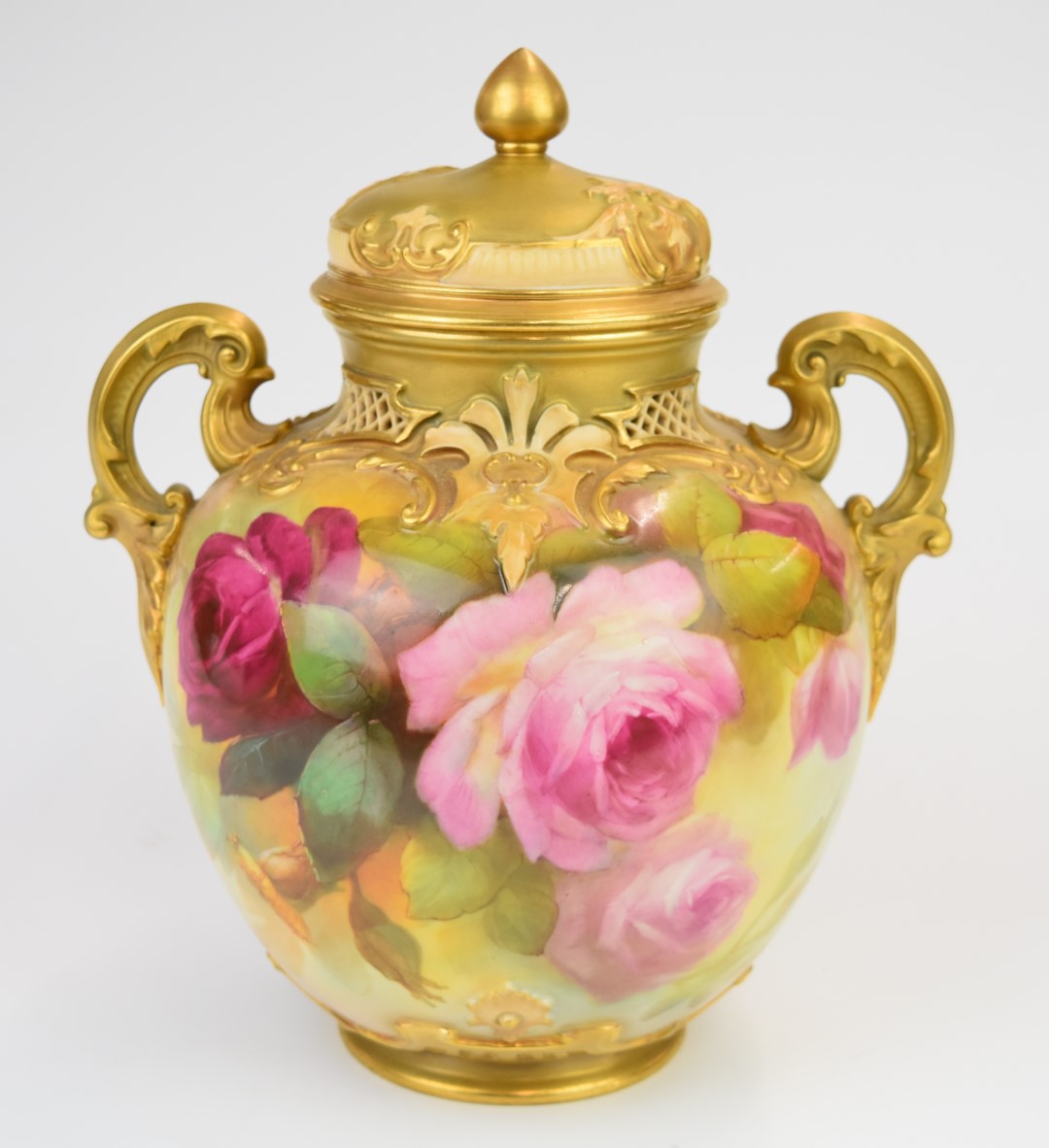 Royal Worcester twin handled covered pedestal pot pourri decorated with roses, signed Sedgley, - Image 4 of 8