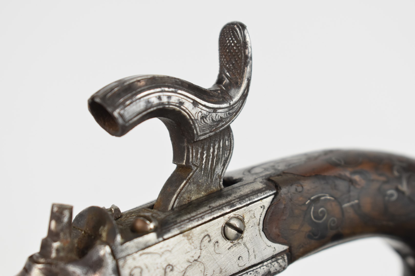 Queen Anne percussion hammer action pocket pistol with engraved lock and hammer, wire inlaid - Image 11 of 11