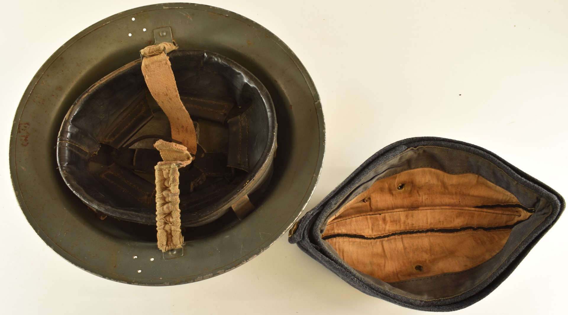 Royal Air Force regulation side hat / cap with brass badge together with a 'Brodie' steel helmet - Image 3 of 3