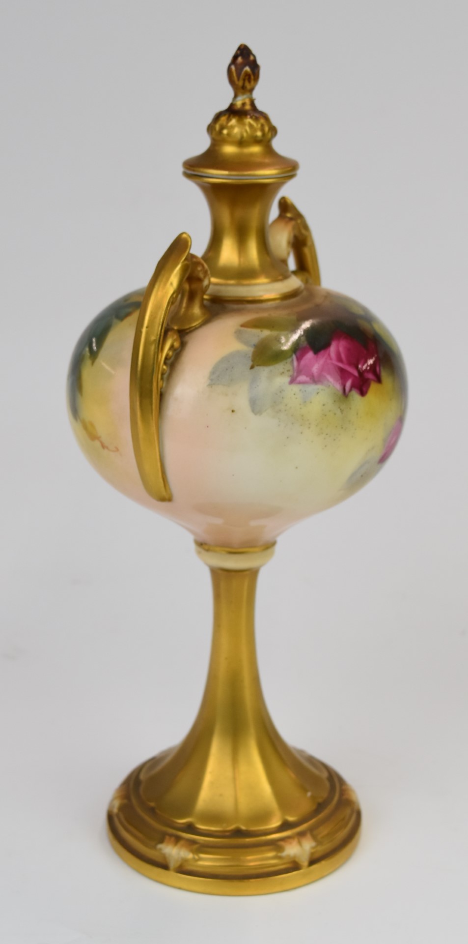Royal Worcester twin handled pedestal covered vase decorated with roses, signed W H Austin, height - Image 2 of 6